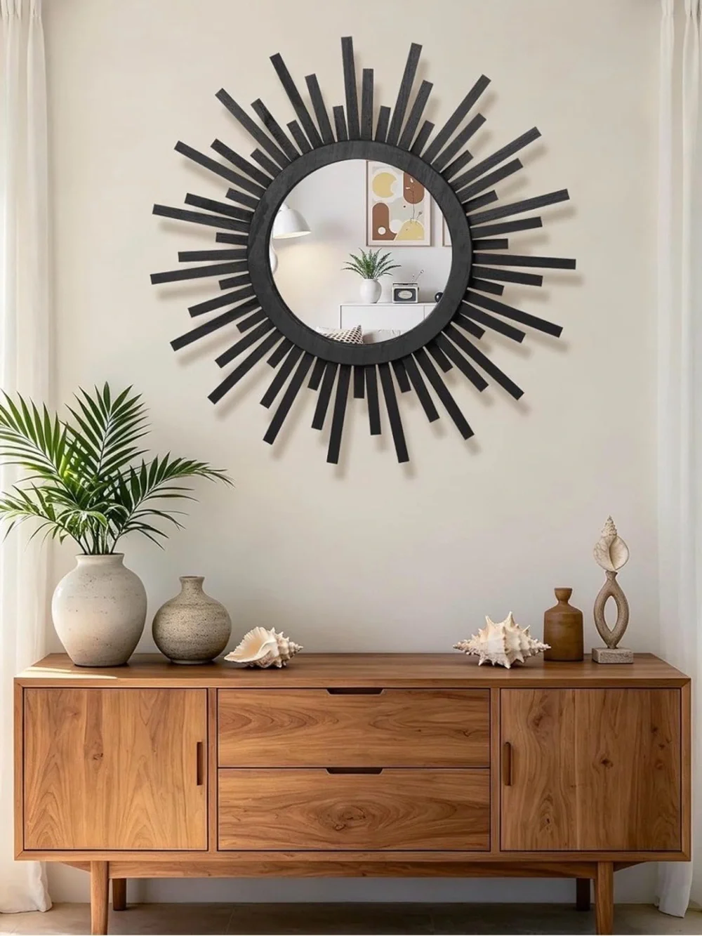 24 Inch Boho Sunburst Mirror, Round Wooden Wall Decor Starburst Sun Mirror